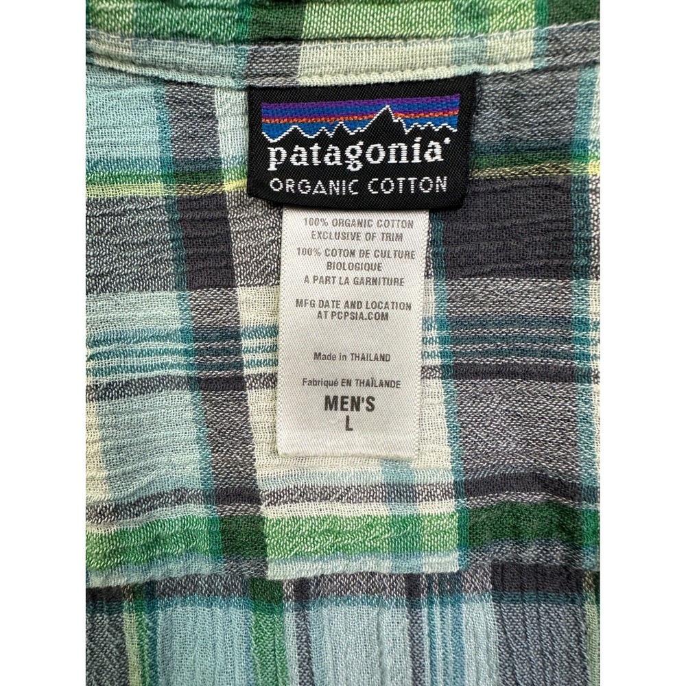 Patagonia Men's L Plaid Organic Cotton Short Sleeve Button Down Shirt Blue Green